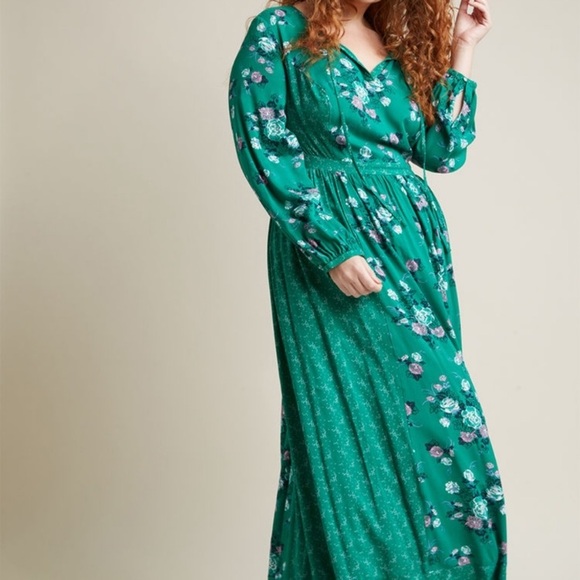 Modcloth Green Floral Long Sleeve Maxi Dress XXS - Picture 3 of 11